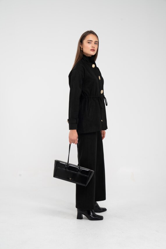 Süet Dokulu Altın Düğmeli Kuşaklı Kadın Takım 1757 - 25