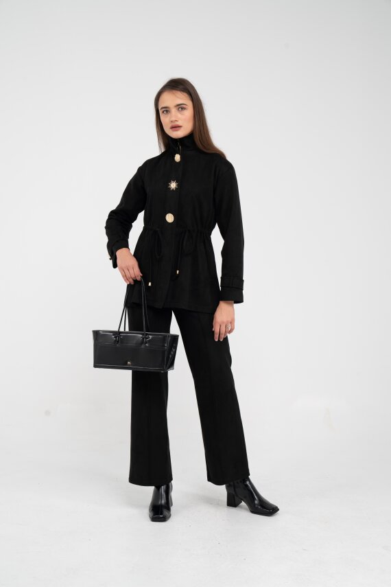 Süet Dokulu Altın Düğmeli Kuşaklı Kadın Takım 1757 - 26