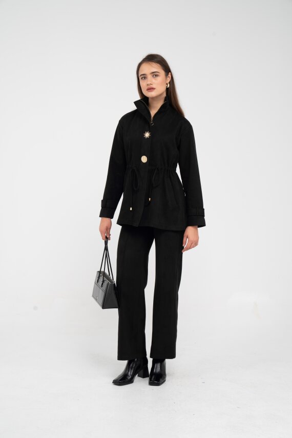 Süet Dokulu Altın Düğmeli Kuşaklı Kadın Takım 1757 - 27