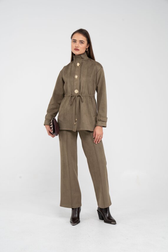 Süet Dokulu Altın Düğmeli Kuşaklı Kadın Takım 1757 - 29