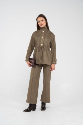 Süet Dokulu Altın Düğmeli Kuşaklı Kadın Takım 1757 - 30