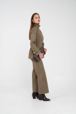 Süet Dokulu Altın Düğmeli Kuşaklı Kadın Takım 1757 - 31