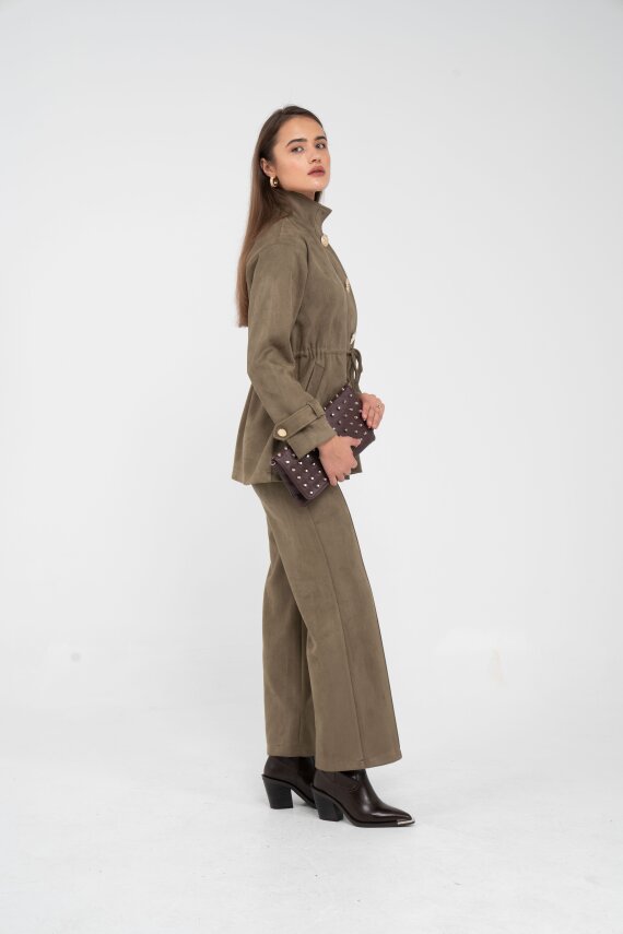 Süet Dokulu Altın Düğmeli Kuşaklı Kadın Takım 1757 - 31