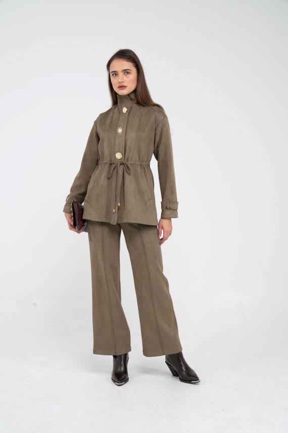 Süet Dokulu Altın Düğmeli Kuşaklı Kadın Takım 1757 - 33