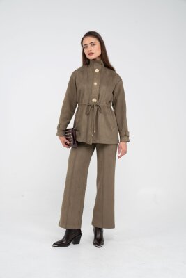 Süet Dokulu Altın Düğmeli Kuşaklı Kadın Takım 1757 - 34