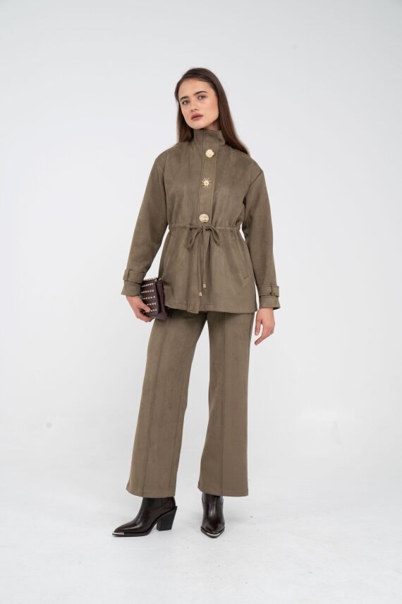 Süet Dokulu Altın Düğmeli Kuşaklı Kadın Takım 1757 - 34