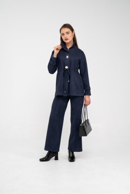 Süet Dokulu Altın Düğmeli Kuşaklı Kadın Takım 1757 - 36