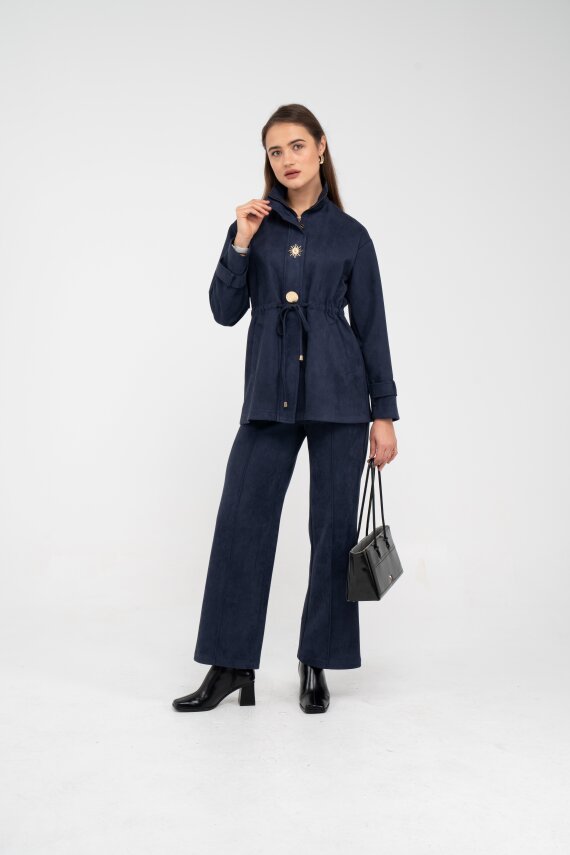 Süet Dokulu Altın Düğmeli Kuşaklı Kadın Takım 1757 - 36