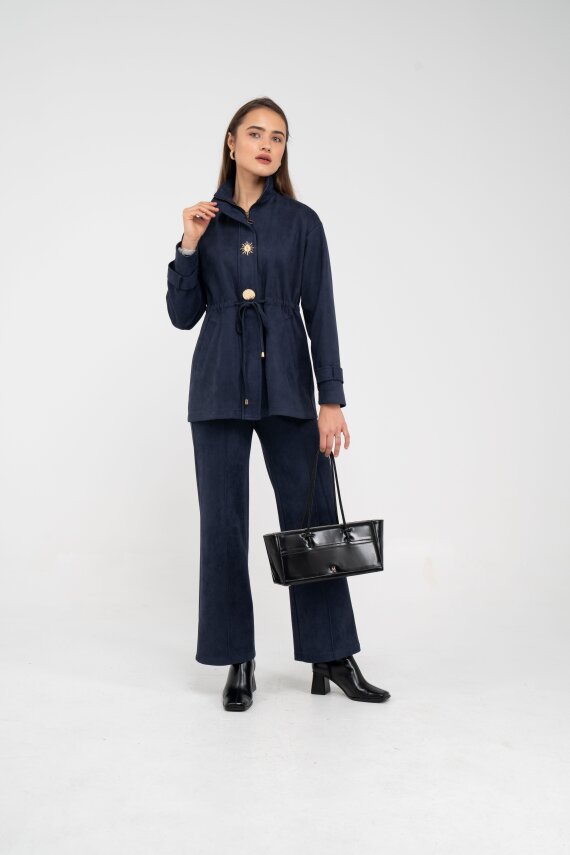 Süet Dokulu Altın Düğmeli Kuşaklı Kadın Takım 1757 - 37