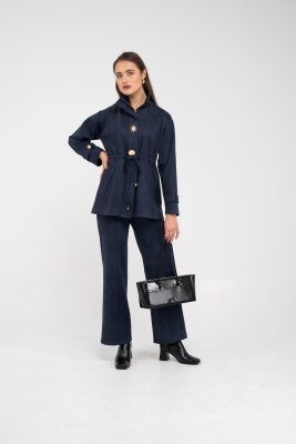 Süet Dokulu Altın Düğmeli Kuşaklı Kadın Takım 1757 - 38