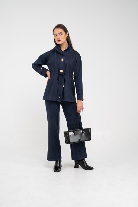 Süet Dokulu Altın Düğmeli Kuşaklı Kadın Takım 1757 - 38