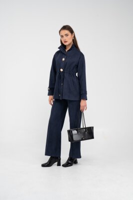 Süet Dokulu Altın Düğmeli Kuşaklı Kadın Takım 1757 - 39