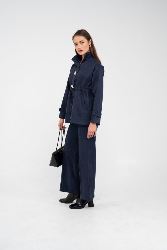 Süet Dokulu Altın Düğmeli Kuşaklı Kadın Takım 1757 - 41