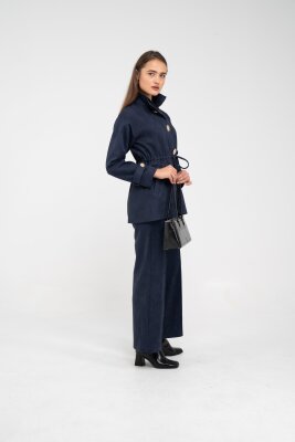 Süet Dokulu Altın Düğmeli Kuşaklı Kadın Takım 1757 - 42