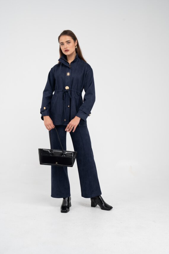 Süet Dokulu Altın Düğmeli Kuşaklı Kadın Takım 1757 - 43