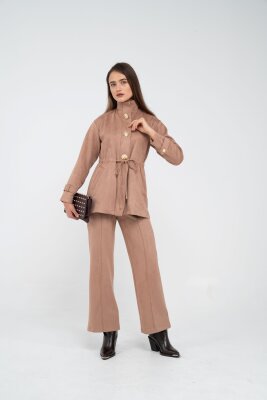 Süet Dokulu Altın Düğmeli Kuşaklı Kadın Takım 1757 - 45