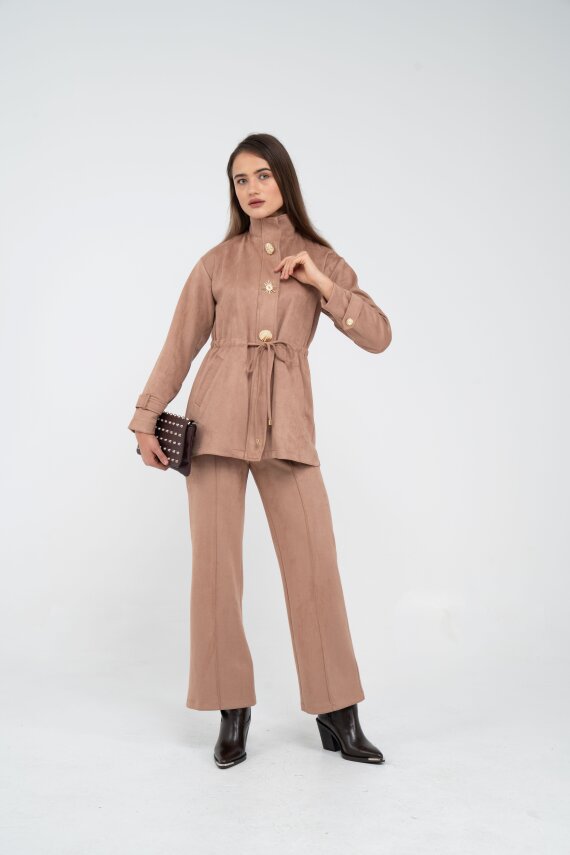 Süet Dokulu Altın Düğmeli Kuşaklı Kadın Takım 1757 - 45