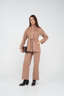 Süet Dokulu Altın Düğmeli Kuşaklı Kadın Takım 1757 - 46