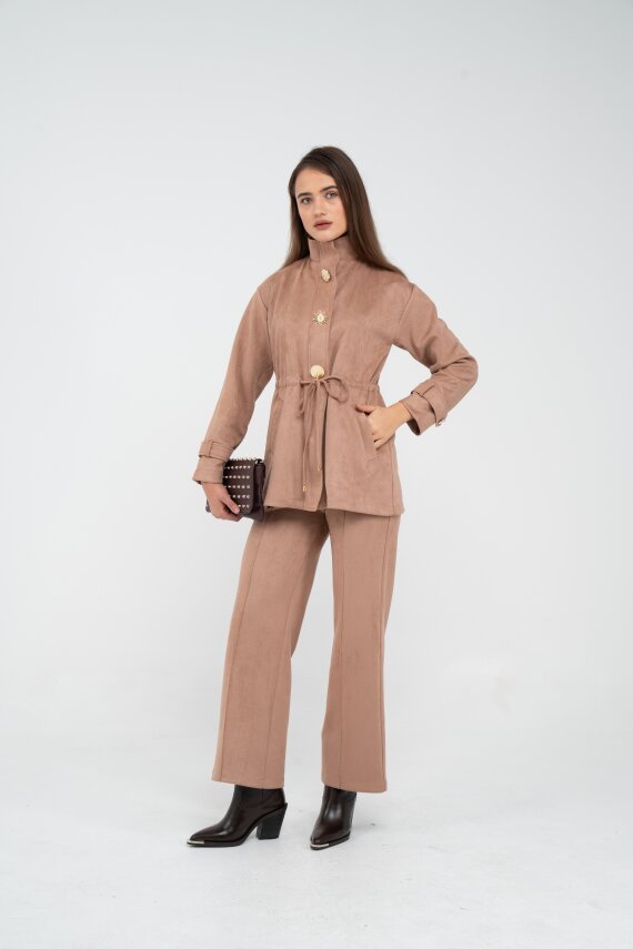 Süet Dokulu Altın Düğmeli Kuşaklı Kadın Takım 1757 - 46