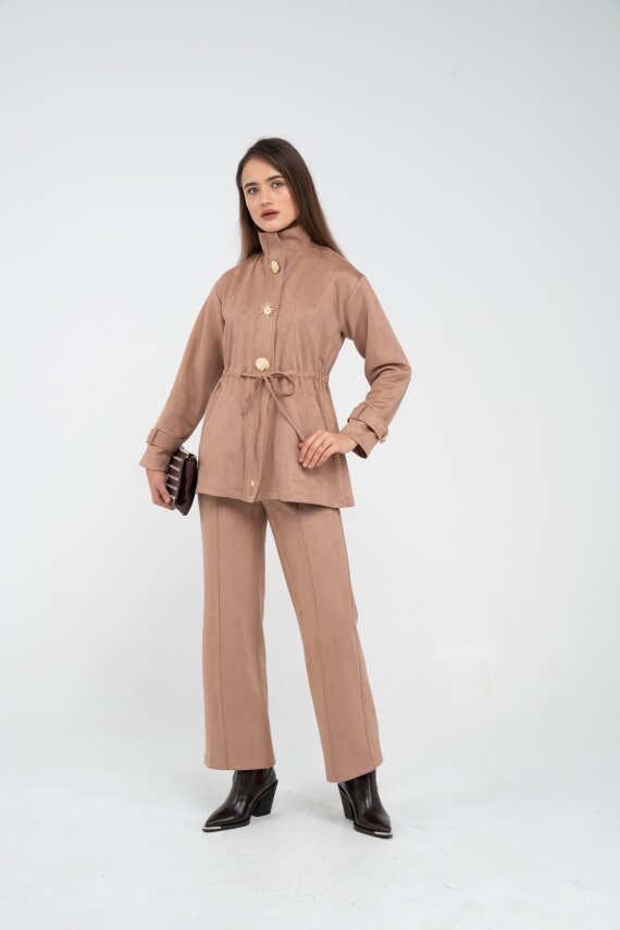 Süet Dokulu Altın Düğmeli Kuşaklı Kadın Takım 1757 - 47