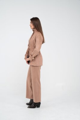 Süet Dokulu Altın Düğmeli Kuşaklı Kadın Takım 1757 - 48