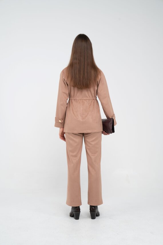 Süet Dokulu Altın Düğmeli Kuşaklı Kadın Takım 1757 - 49