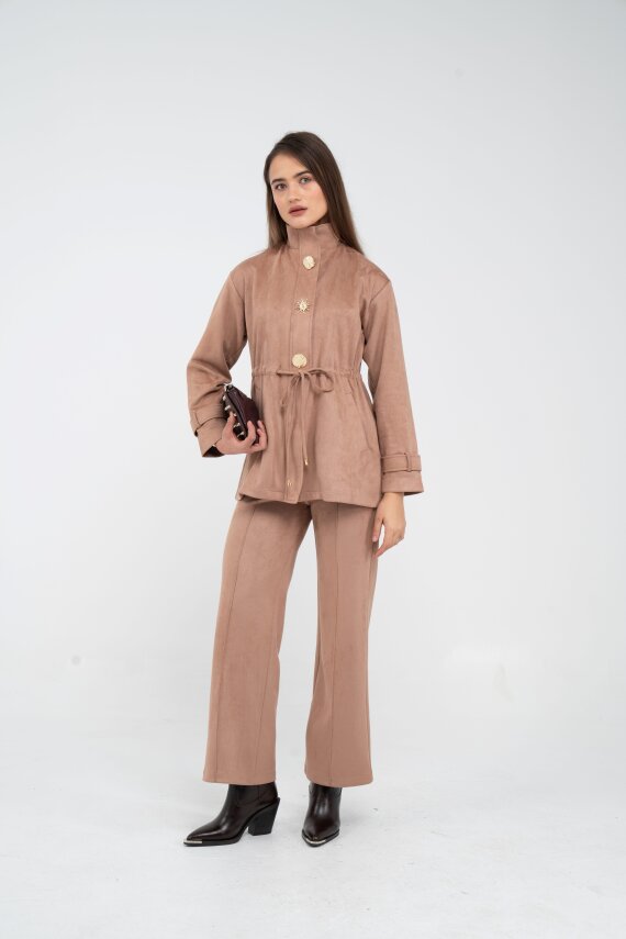 Süet Dokulu Altın Düğmeli Kuşaklı Kadın Takım 1757 - 51