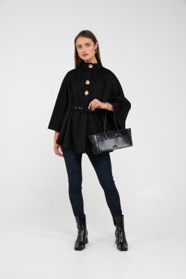 Süet Dokulu Kuşaklı Altın Düğmeli Kadın Pelerin Kap 9000 - SASİLVA