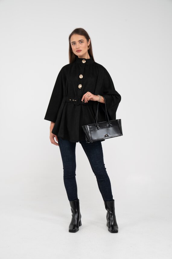 Süet Dokulu Kuşaklı Altın Düğmeli Kadın Pelerin Kap 9000 - 1