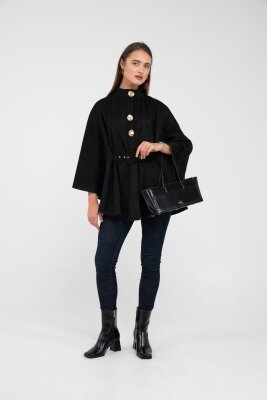 Süet Dokulu Kuşaklı Altın Düğmeli Kadın Pelerin Kap 9000 - 2