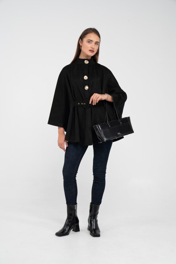 Süet Dokulu Kuşaklı Altın Düğmeli Kadın Pelerin Kap 9000 - 2