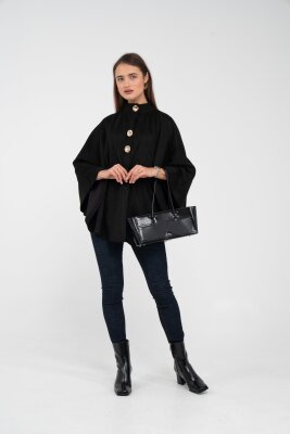 Süet Dokulu Kuşaklı Altın Düğmeli Kadın Pelerin Kap 9000 - 3