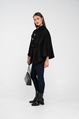 Süet Dokulu Kuşaklı Altın Düğmeli Kadın Pelerin Kap 9000 - 4