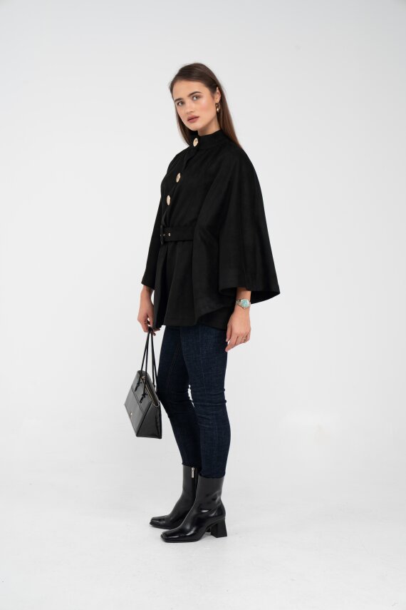 Süet Dokulu Kuşaklı Altın Düğmeli Kadın Pelerin Kap 9000 - 4