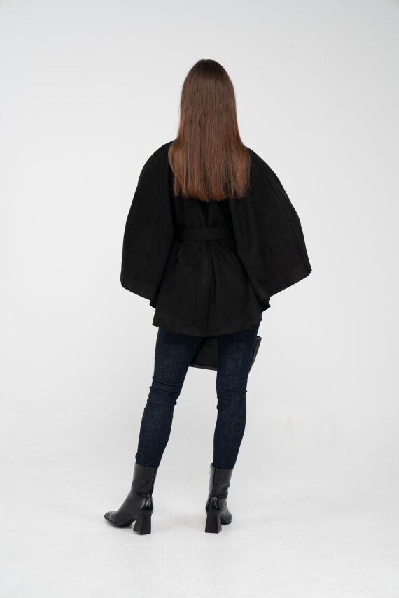 Süet Dokulu Kuşaklı Altın Düğmeli Kadın Pelerin Kap 9000 - 9