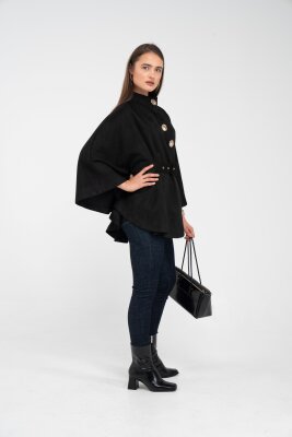 Süet Dokulu Kuşaklı Altın Düğmeli Kadın Pelerin Kap 9000 - 5