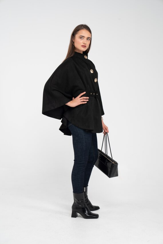 Süet Dokulu Kuşaklı Altın Düğmeli Kadın Pelerin Kap 9000 - 5