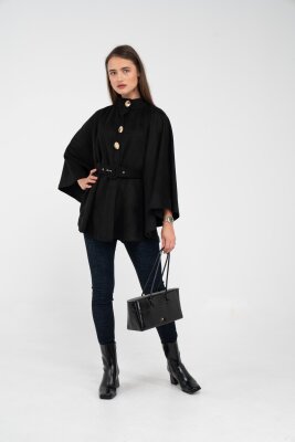 Süet Dokulu Kuşaklı Altın Düğmeli Kadın Pelerin Kap 9000 - 6