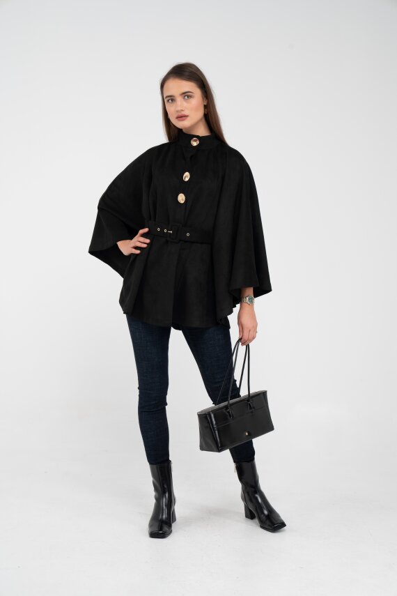 Süet Dokulu Kuşaklı Altın Düğmeli Kadın Pelerin Kap 9000 - 7