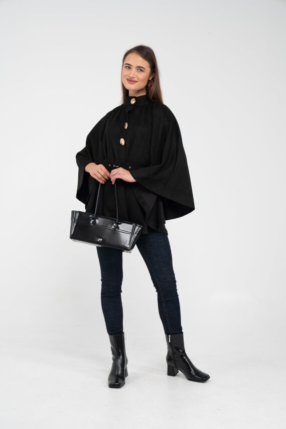 Süet Dokulu Kuşaklı Altın Düğmeli Kadın Pelerin Kap 9000 - 8