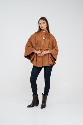 Süet Dokulu Kuşaklı Altın Düğmeli Kadın Pelerin Kap 9000 - 10