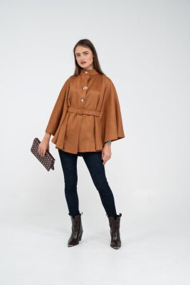 Süet Dokulu Kuşaklı Altın Düğmeli Kadın Pelerin Kap 9000 - 11