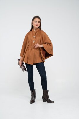 Süet Dokulu Kuşaklı Altın Düğmeli Kadın Pelerin Kap 9000 - 12