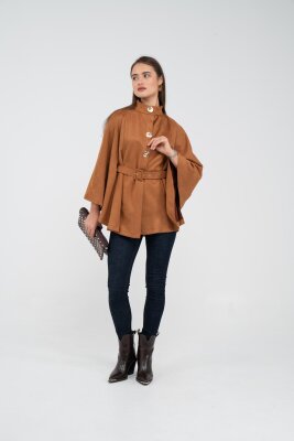 Süet Dokulu Kuşaklı Altın Düğmeli Kadın Pelerin Kap 9000 - 13