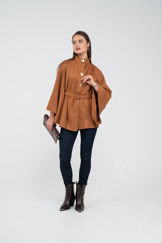 Süet Dokulu Kuşaklı Altın Düğmeli Kadın Pelerin Kap 9000 - 13