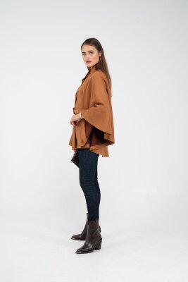 Süet Dokulu Kuşaklı Altın Düğmeli Kadın Pelerin Kap 9000 - 14