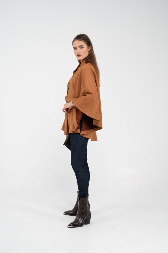 Süet Dokulu Kuşaklı Altın Düğmeli Kadın Pelerin Kap 9000 - 14