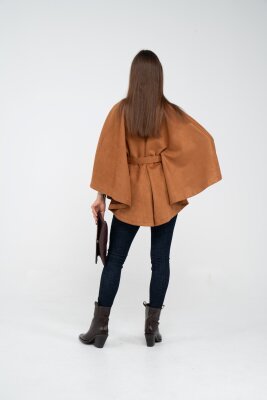 Süet Dokulu Kuşaklı Altın Düğmeli Kadın Pelerin Kap 9000 - 17