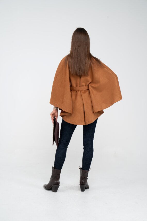 Süet Dokulu Kuşaklı Altın Düğmeli Kadın Pelerin Kap 9000 - 17