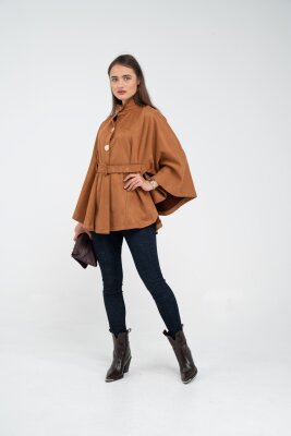 Süet Dokulu Kuşaklı Altın Düğmeli Kadın Pelerin Kap 9000 - 16